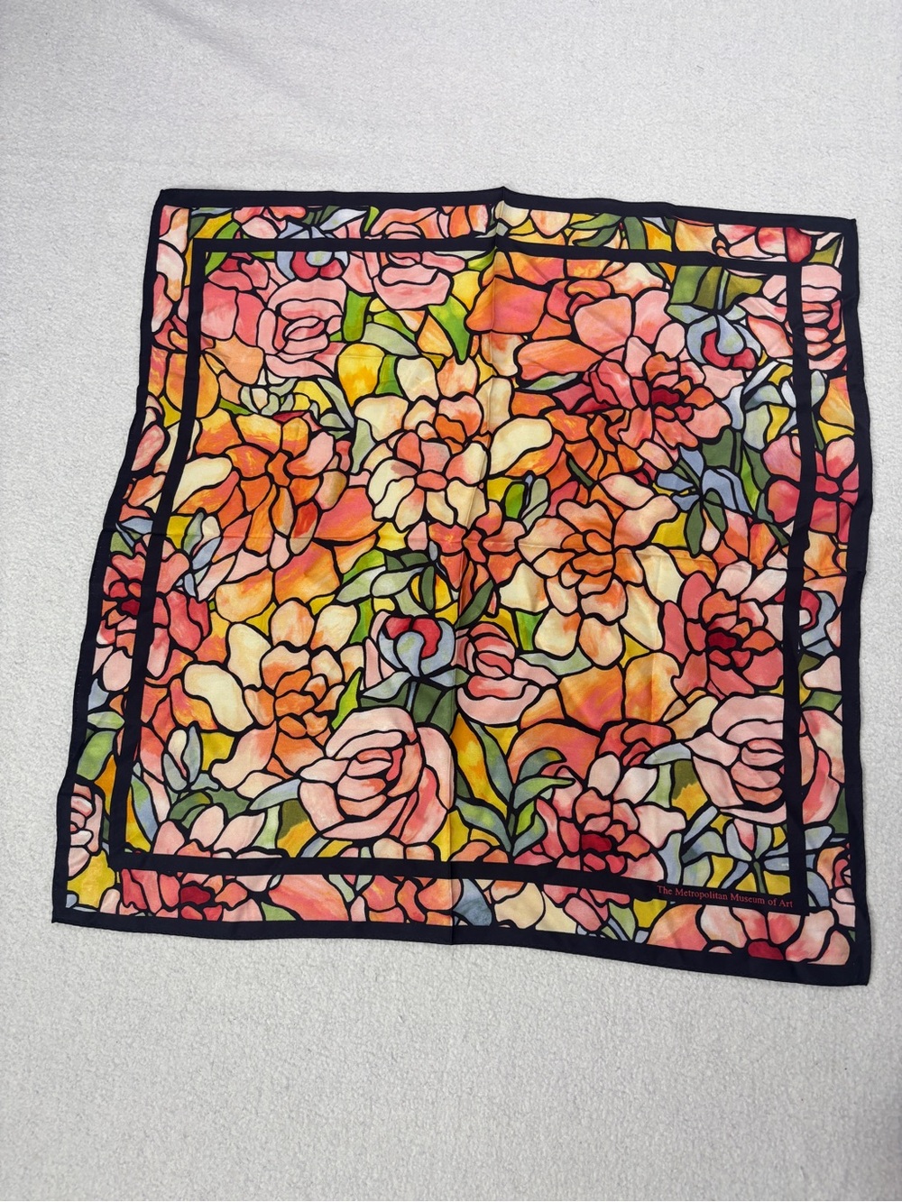 The Met Museum Louis C Tiffany Pink Peonies Silk Neckerchief Scarf Stained Glass